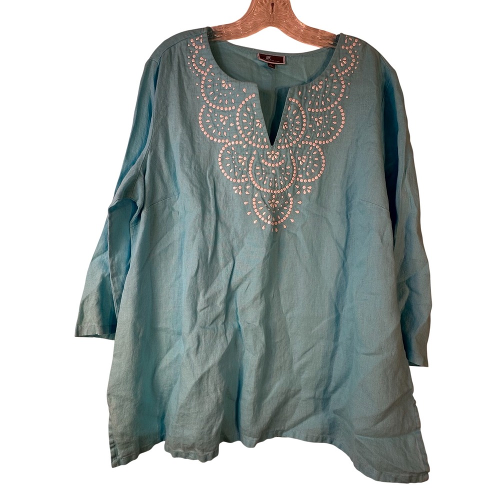 JM Collection Blue 100% Linen Beaded Embroidery Tunic Top‎ XL 3/4 Sleeve Boho